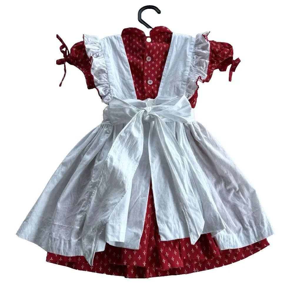 Vtg Polly Flinders Toddler 3T Dress Red Fleur de lis Hand Smocked Pinafore